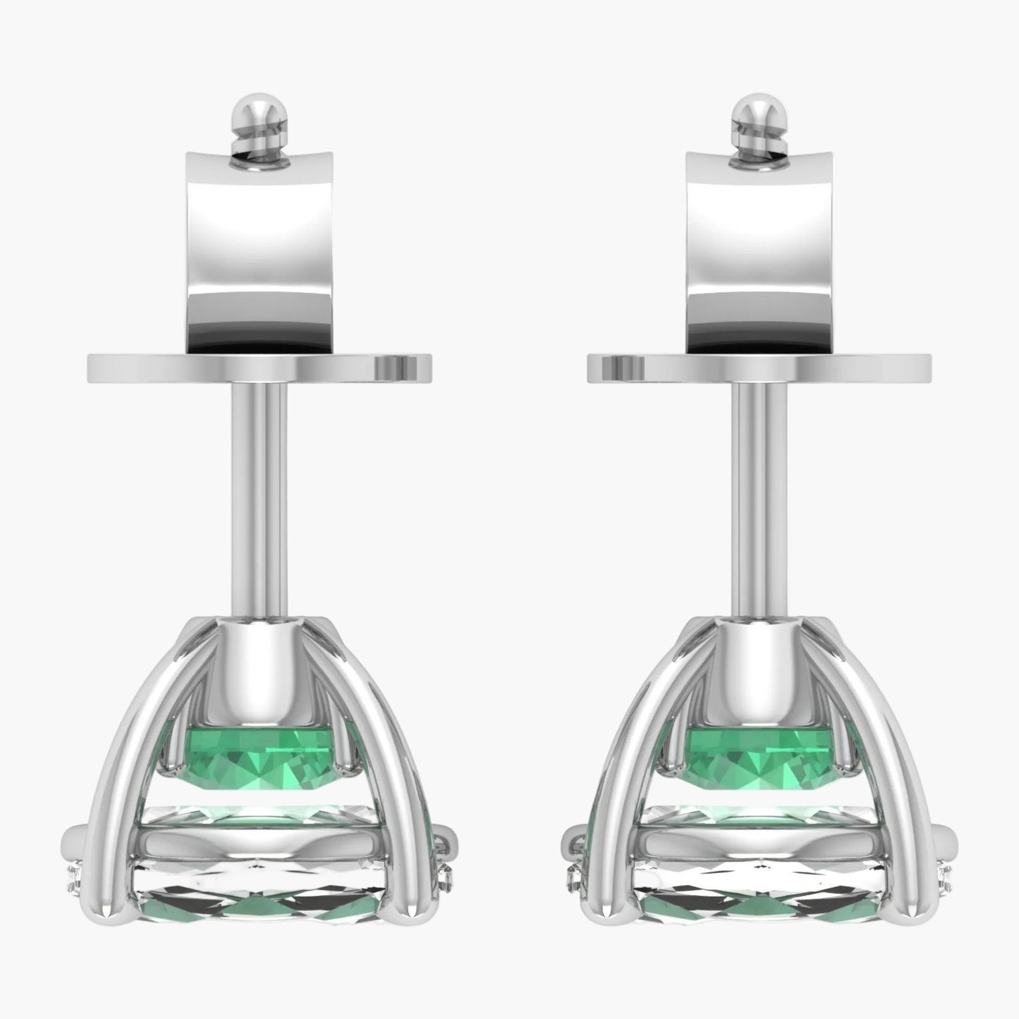 Pair of silver earrings with green gemstones on a white background, branded 'Green Lab'.