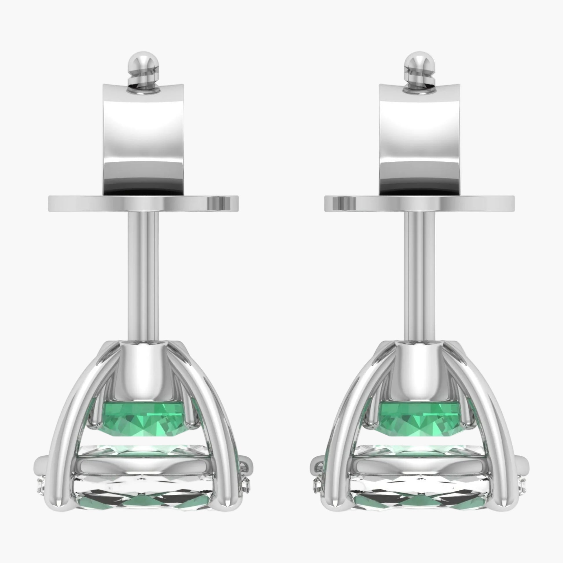 Pair of silver earrings with green gemstones on a white background, branded 'Green Lab'.