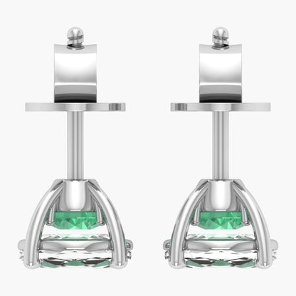 Pair of silver earrings with green gemstones on a white background, branded 'Green Lab'.