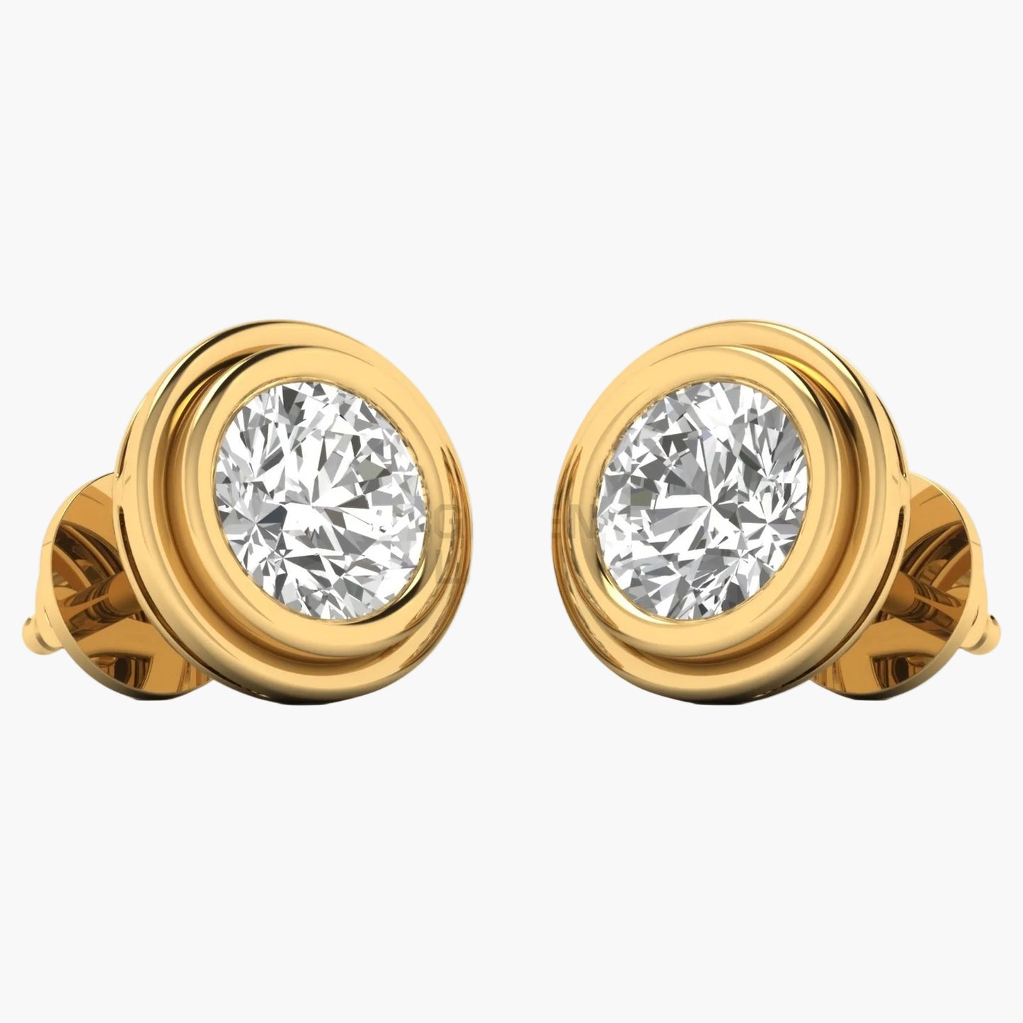 Gold earrings with clear gemstones on a white background