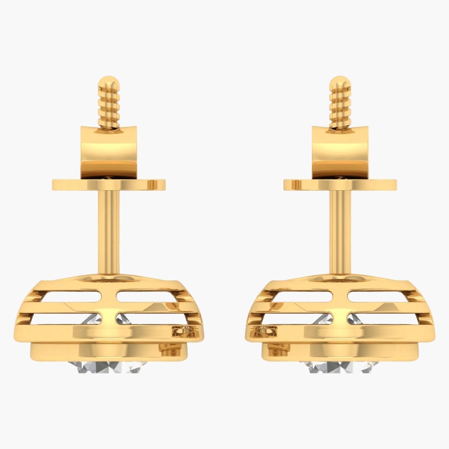 Gold earrings with a geometric design on a white background, branded 'Green Lab'.