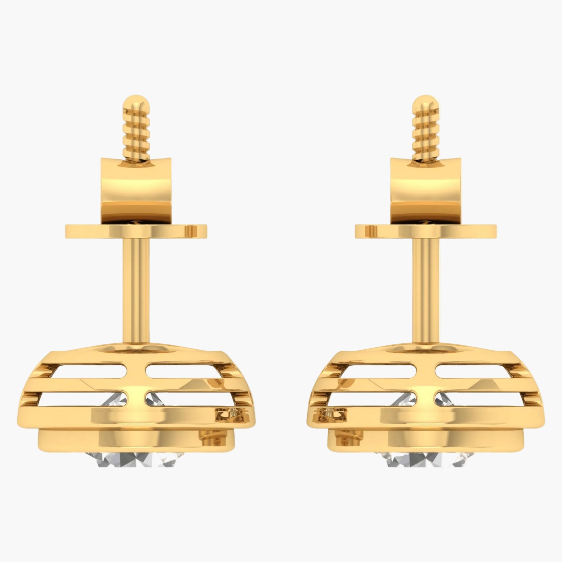 Gold earrings with a geometric design on a white background, branded 'Green Lab'.