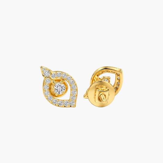 A pair of gold hoop earrings with pavé-set clear stones and a central round-cut stone, shown on a clean white background. One earring is oriented to show the front design, and the other is turned to show the post and backing.