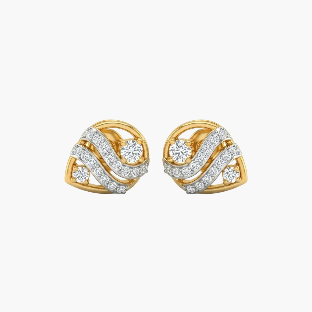 A pair of gold and diamond stud earrings with a swirling, interwoven design, shown on a clean white background.