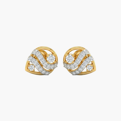 A pair of gold and diamond stud earrings with a swirling, interwoven design, shown on a clean white background.