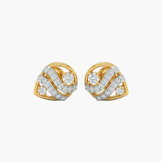 A pair of gold and diamond stud earrings with a swirling, interwoven design, shown on a clean white background.