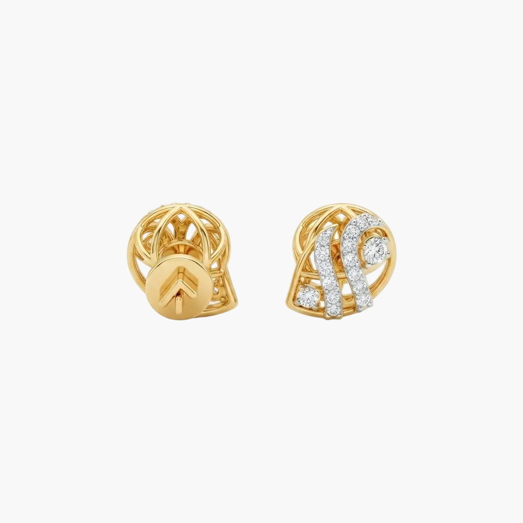 A pair of gold post earrings shown on a clean white background, displaying both the front decorative side and the back post construction.