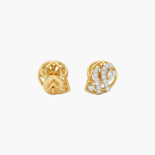 A pair of gold post earrings shown on a clean white background, displaying both the front decorative side and the back post construction.
