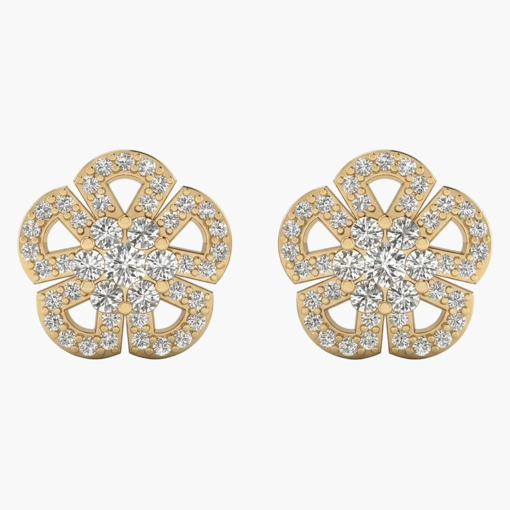 Gold earrings with diamond accents on a white background