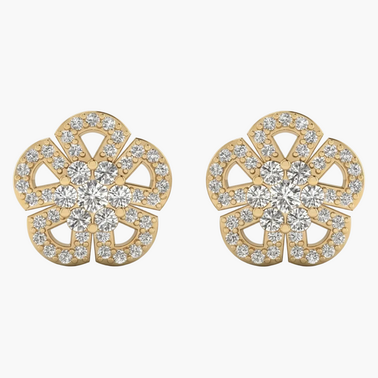 Gold earrings with diamond accents on a white background
