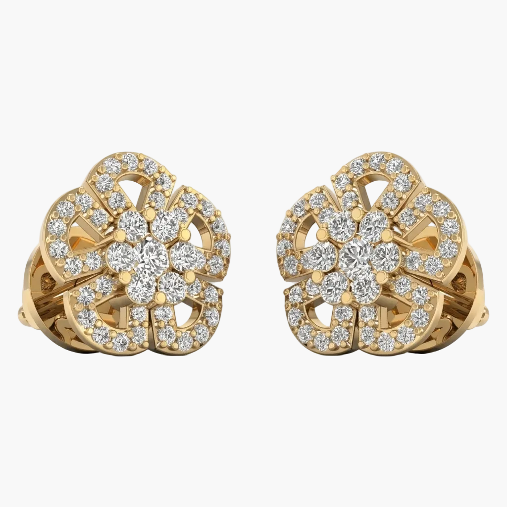 Pair of gold earrings with diamond accents on a white background