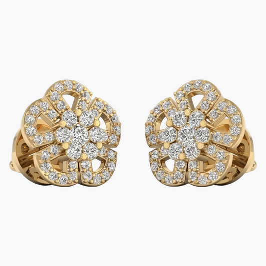 Pair of gold earrings with diamond accents on a white background