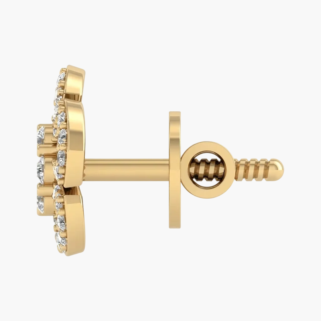 Gold earring with diamond accents on a white background