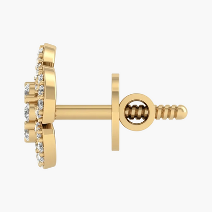 Gold earring with diamond accents on a white background