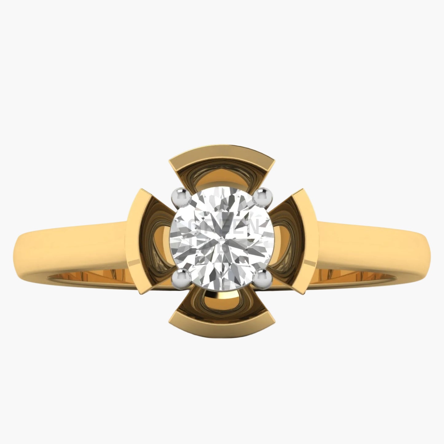 Gold ring with a diamond on a white background