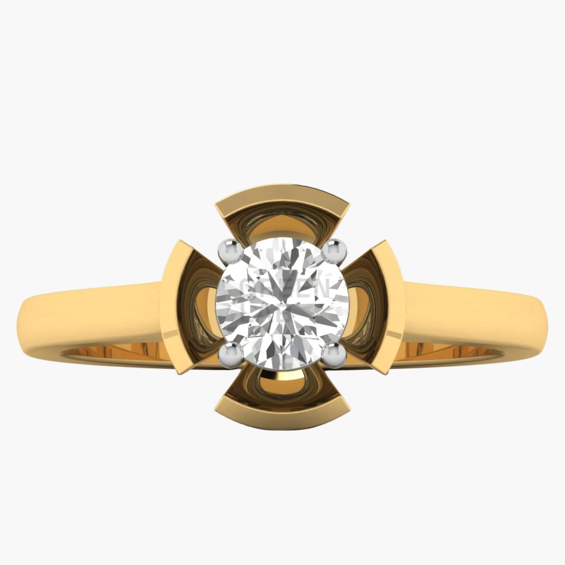 Gold ring with a diamond on a white background