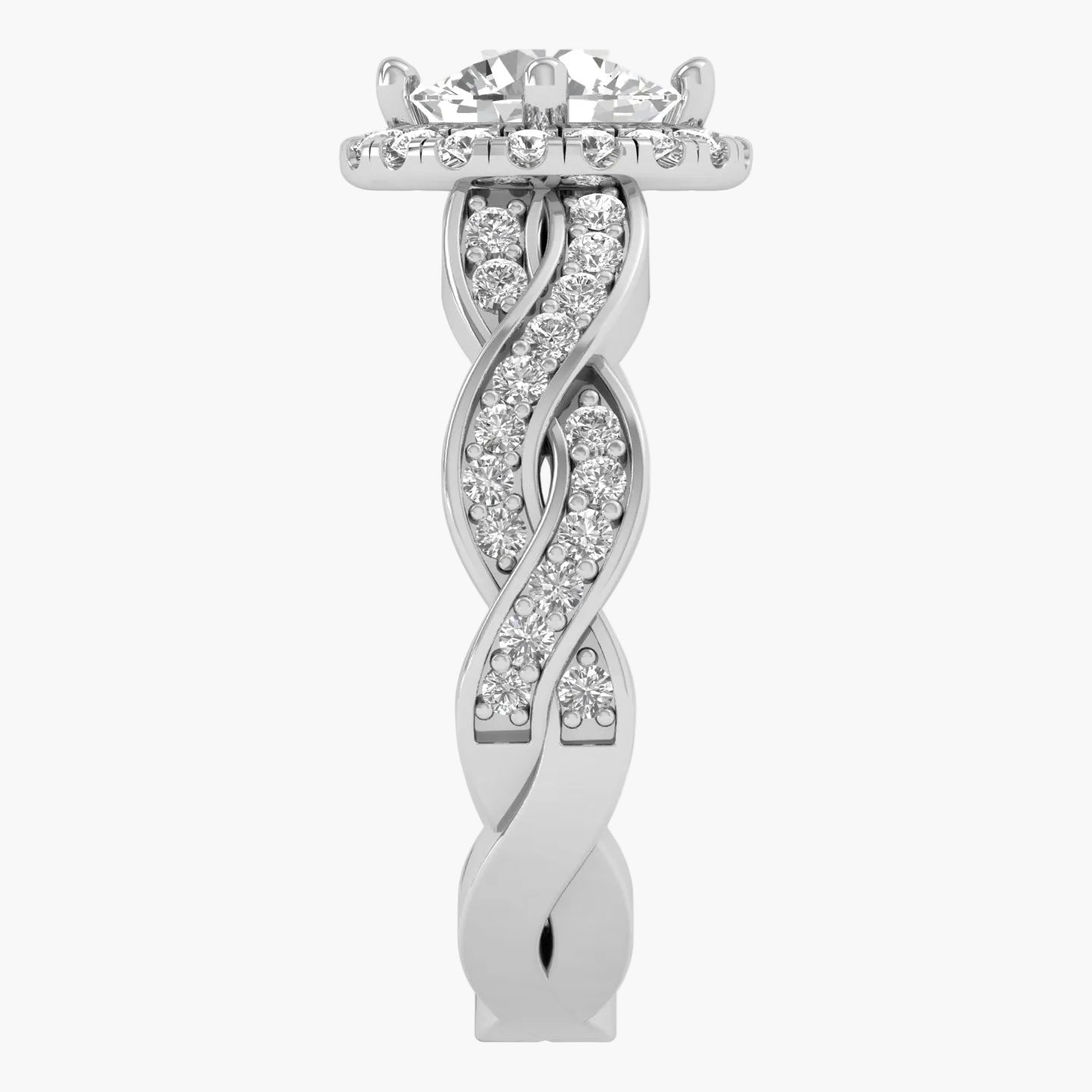 Silver ring with diamondtwist design on a white background