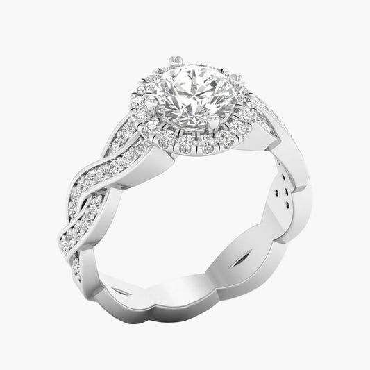 Diamond ring with a white gold band on a white background