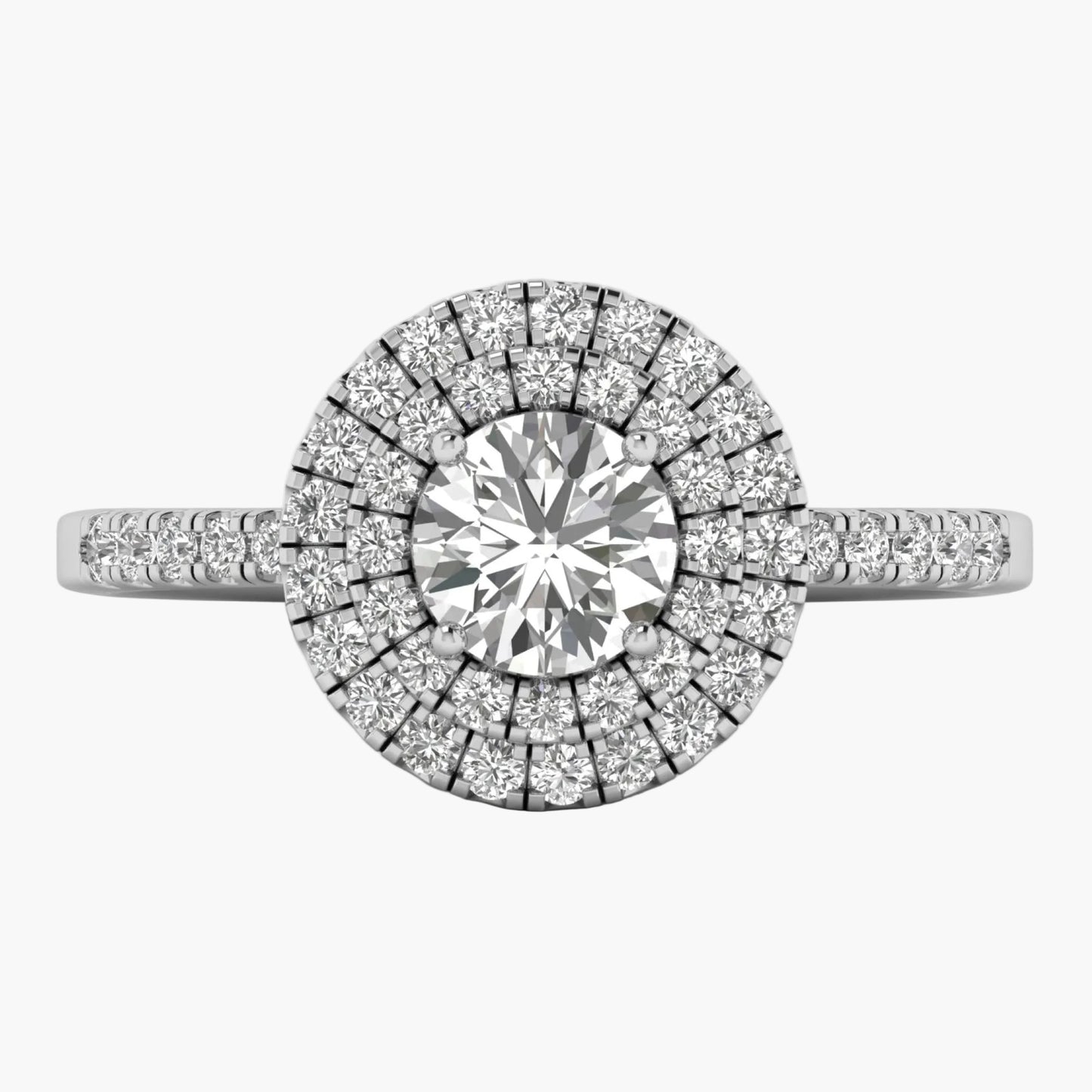 Diamond ring with a central gemstone and surrounding smaller stones on a white background