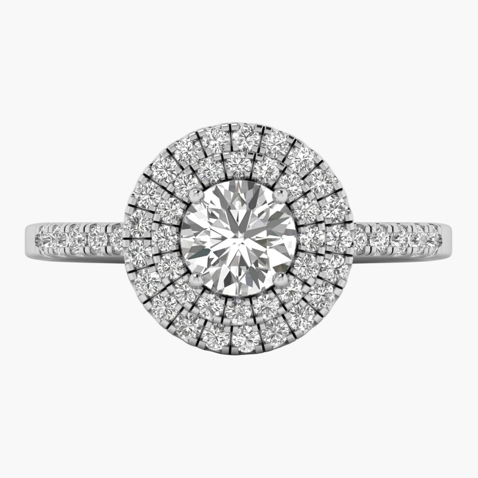 Diamond ring with a central gemstone and surrounding smaller stones on a white background