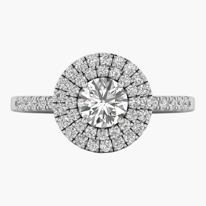 Diamond ring with a central gemstone and surrounding smaller stones on a white background
