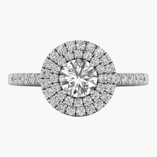 Diamond ring with a central gemstone and surrounding smaller stones on a white background