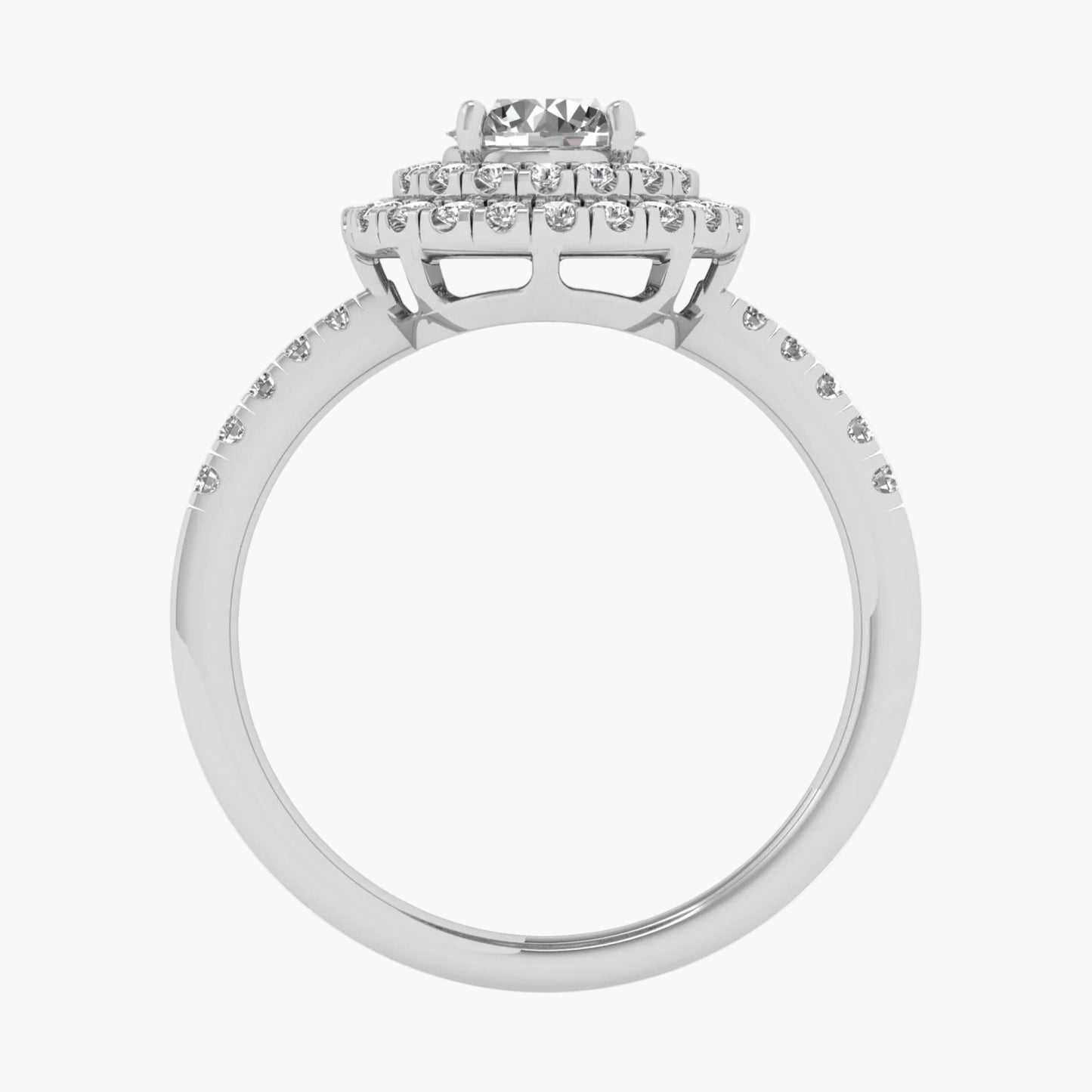Silver ring with diamond accents on a white background