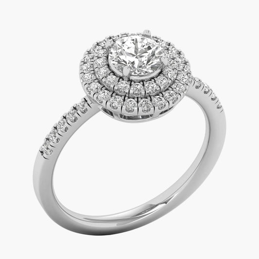 Diamond ring with a double halo on a white background