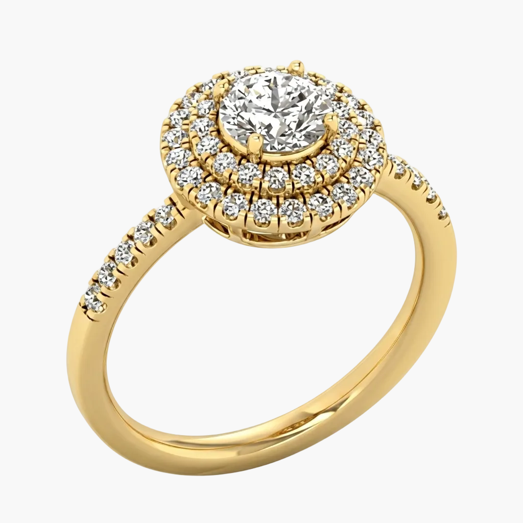 Gold ring with a diamond on a white background