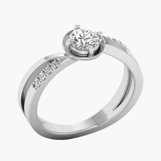Diamond ring with a white gold band on a white background