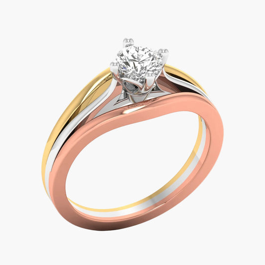 Three-tone diamond ring with gold, silver, and rose gold bands on a white background