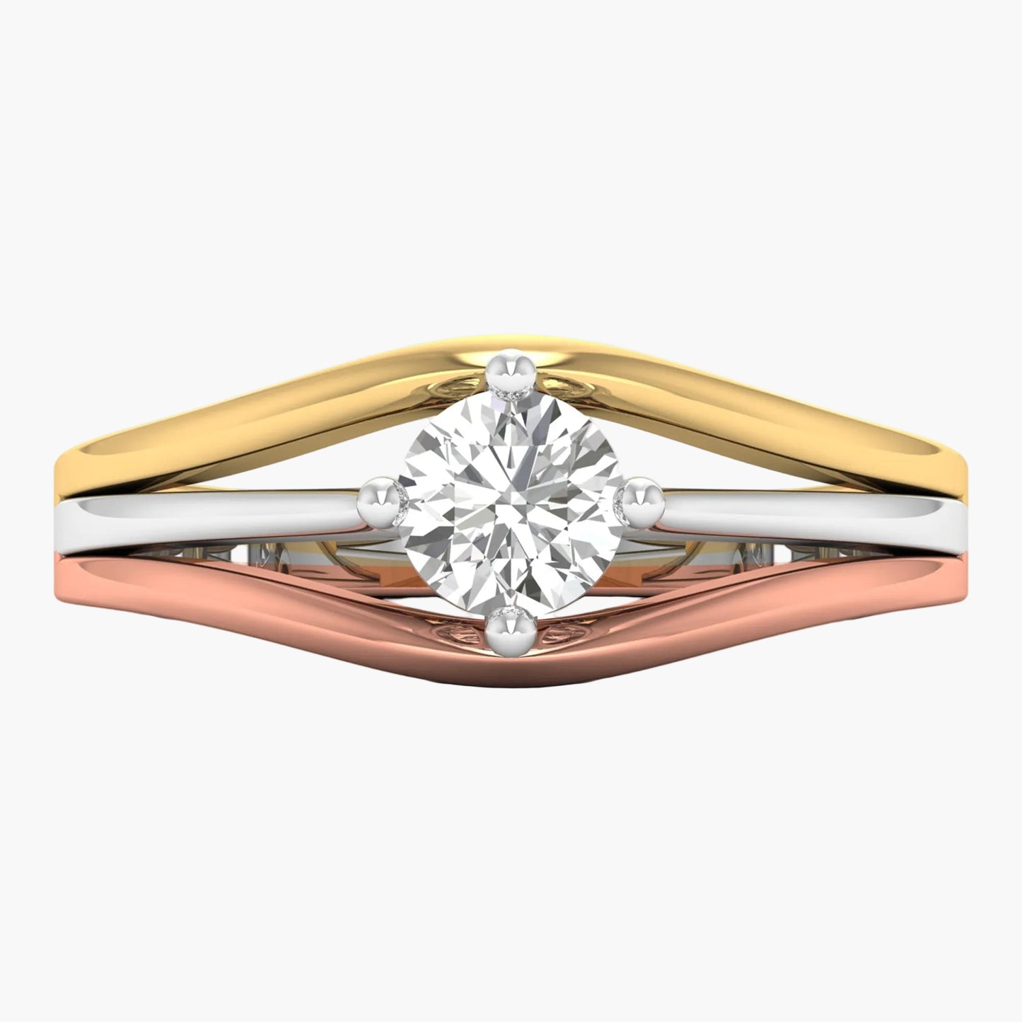 Three-tone gold ring with a diamond on a white background
