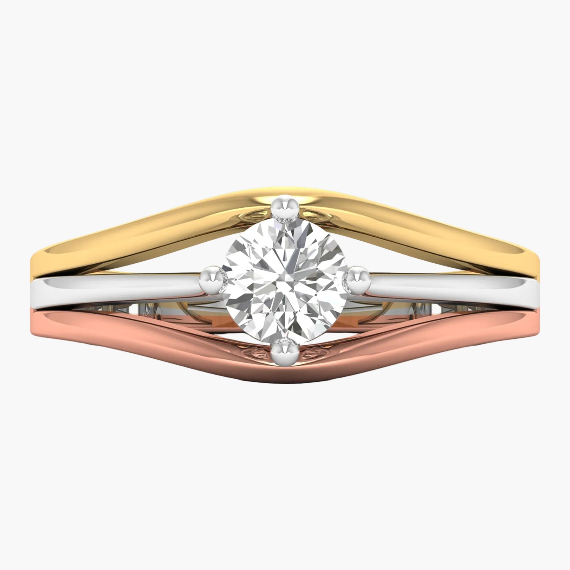 Three-tone gold ring with a diamond on a white background