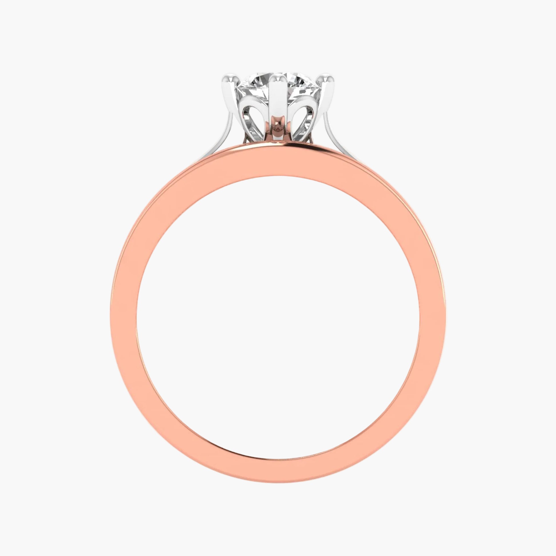 Rose gold ring with a diamond on a white background