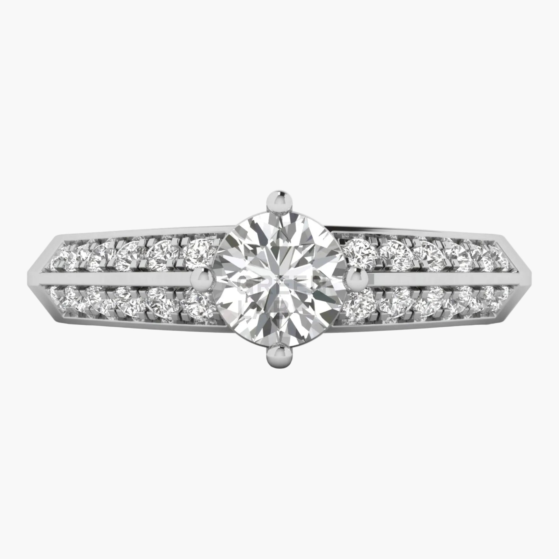 Diamond ring with a central gemstone and smaller diamonds on a white background