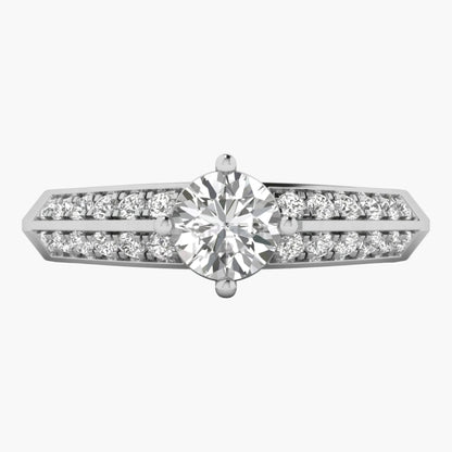 Diamond ring with a central gemstone and smaller diamonds on a white background