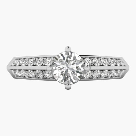 Diamond ring with a central gemstone and smaller diamonds on a white background