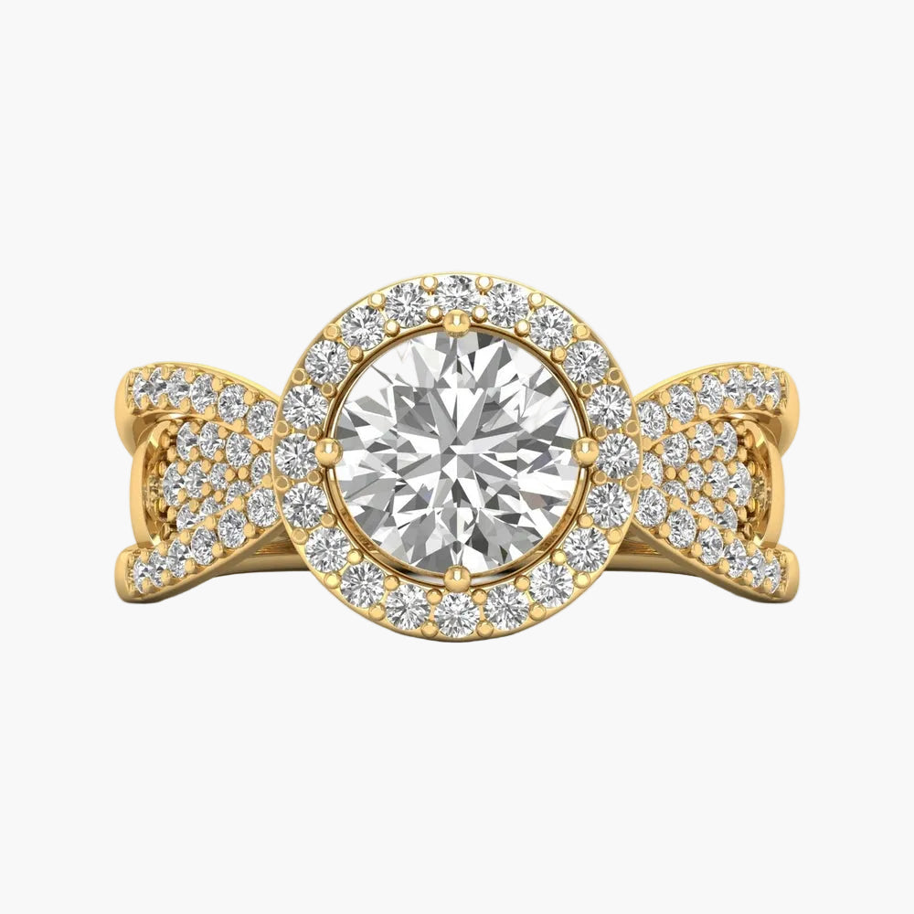 Gold ring with a large diamond and smaller diamonds on a white background