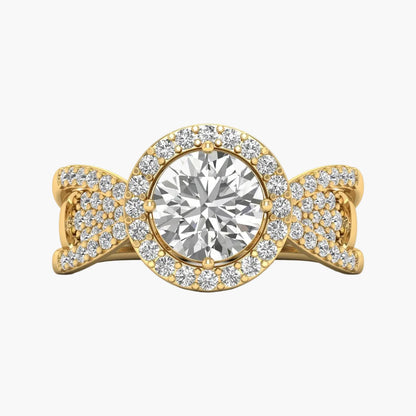 Gold ring with a large diamond and smaller diamonds on a white background