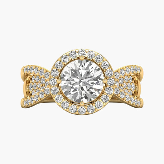 Gold ring with a large diamond and smaller diamonds on a white background