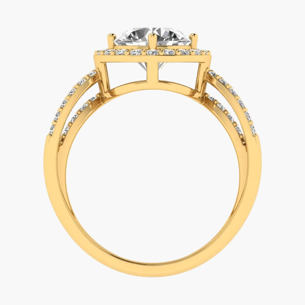 Gold ring with a large central gemstone and smaller stones on a white background
