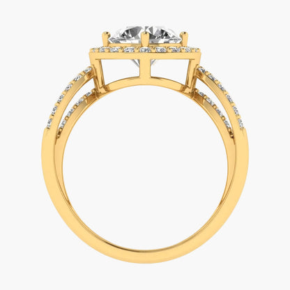 Gold ring with a large central gemstone and smaller stones on a white background