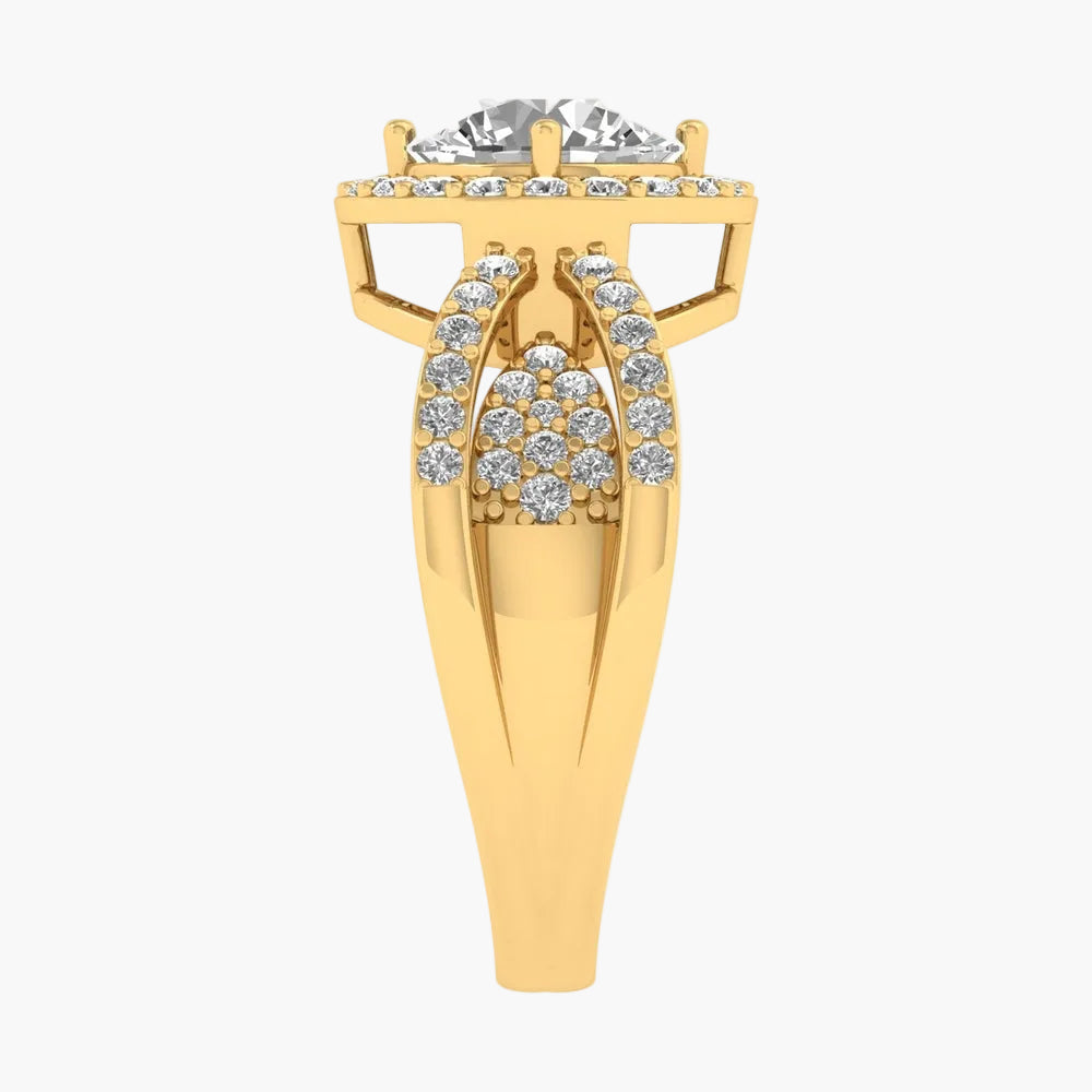 Gold ring with diamond accents on a white background