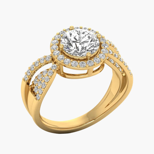 Gold ring with a large diamond and smaller diamonds on a white background