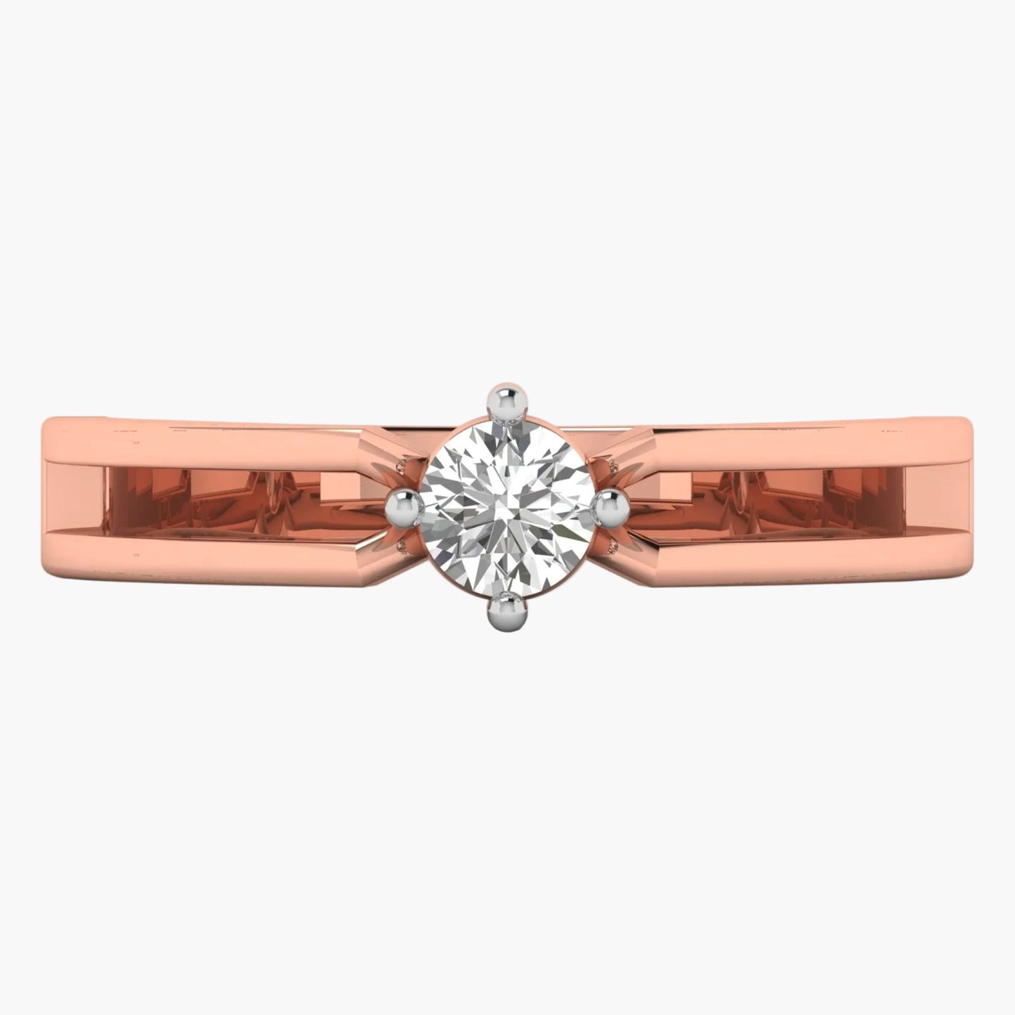 Rose gold ring with a diamond on a white background