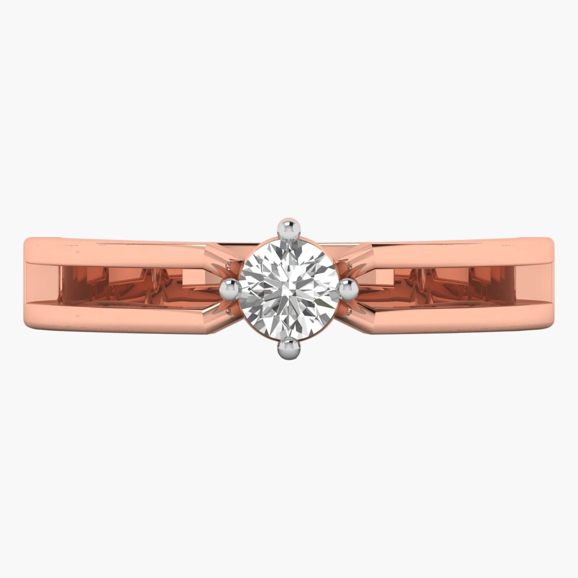 Rose gold ring with a diamond on a white background