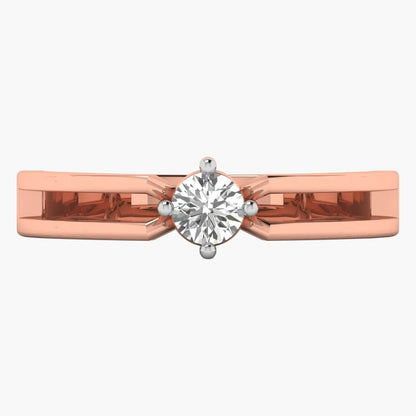 Rose gold ring with a diamond on a white background