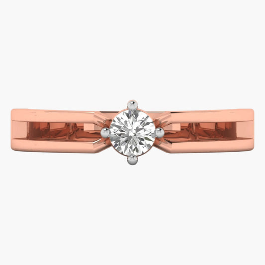 Rose gold ring with a diamond on a white background