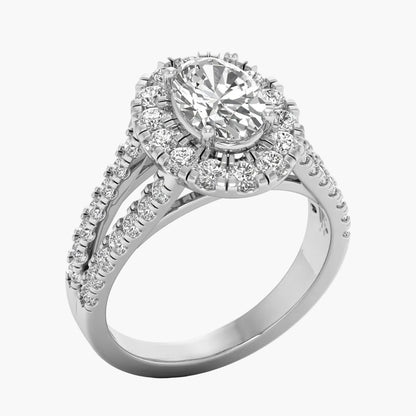 Diamond ring with a halo and shoulder stones on a white background