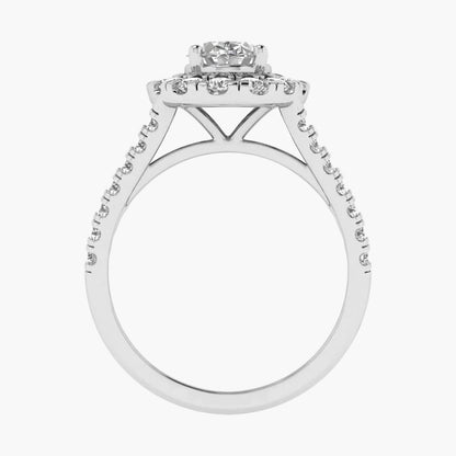 Diamond ring with a halo-style setting on a white background